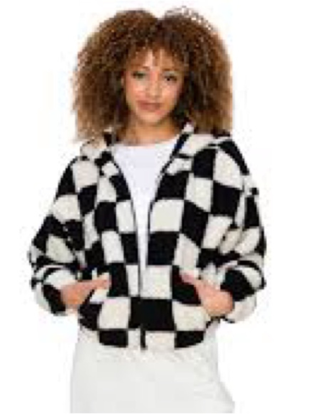 Cali1850 Black & White Checkerboard Plush Faux Fur Hoodie Jacket NEW!